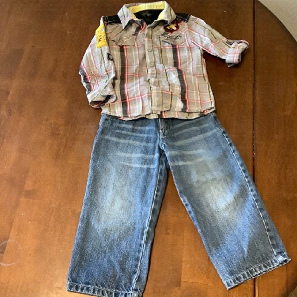 JEANS & plaid button up shirt. Size 3